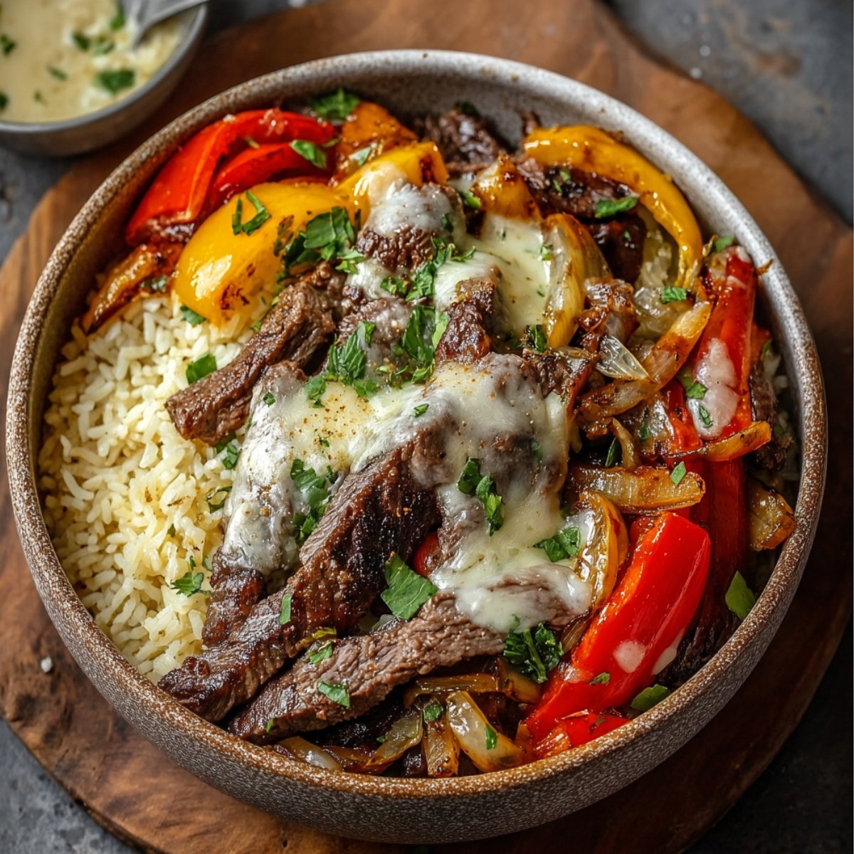 Homemade Philly cheesesteak bowl with white rice, seared steak, sautéed peppers and onions, melted provolone, and parsley in a rustic bowl on a wooden board.