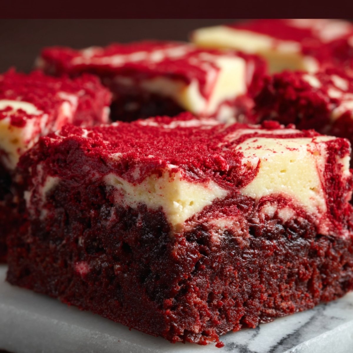 Fudgy homemade red velvet brownies with a cream cheese swirl, rich red color, and moist texture on a marble slab.