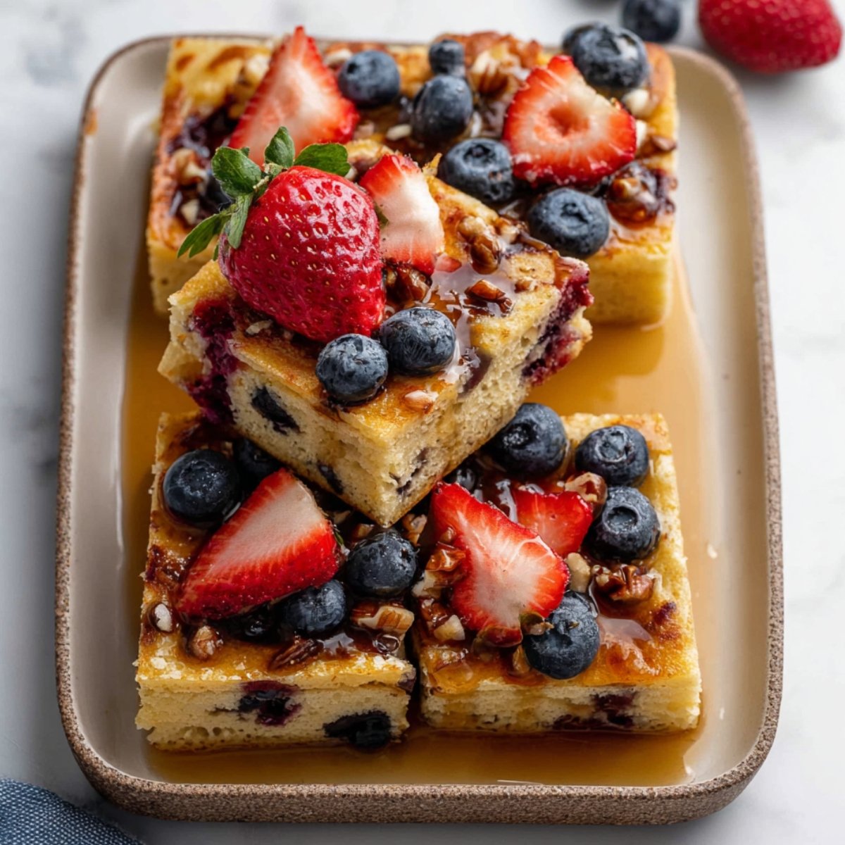 Golden sheet pan pancake squares stacked on a tray, topped with blueberries, strawberries, chopped pecans, and maple syrup for a fresh, homemade brunch.