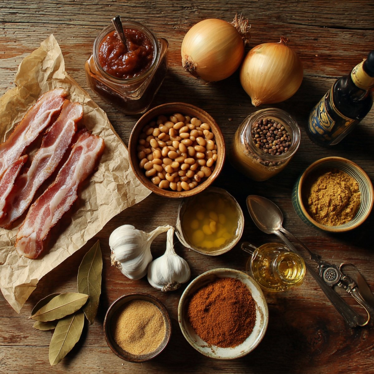 A rustic wooden table covered with real ingredients for homemade baked beans, including uncooked bacon on parchment, navy beans in a bowl, yellow onions, garlic bulbs, brown sugar, molasses, mustard powder, bay leaves, Worcestershire sauce, and various spices arranged in small bowls and jars.