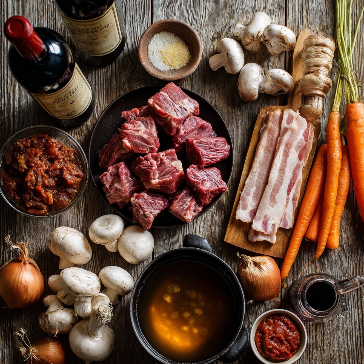 Fresh ingredients for homemade beef bourguignon including raw beef chunks, bacon, carrots, onions, mushrooms, garlic, red wine, beef broth, and tomato paste arranged on a rustic wooden table.