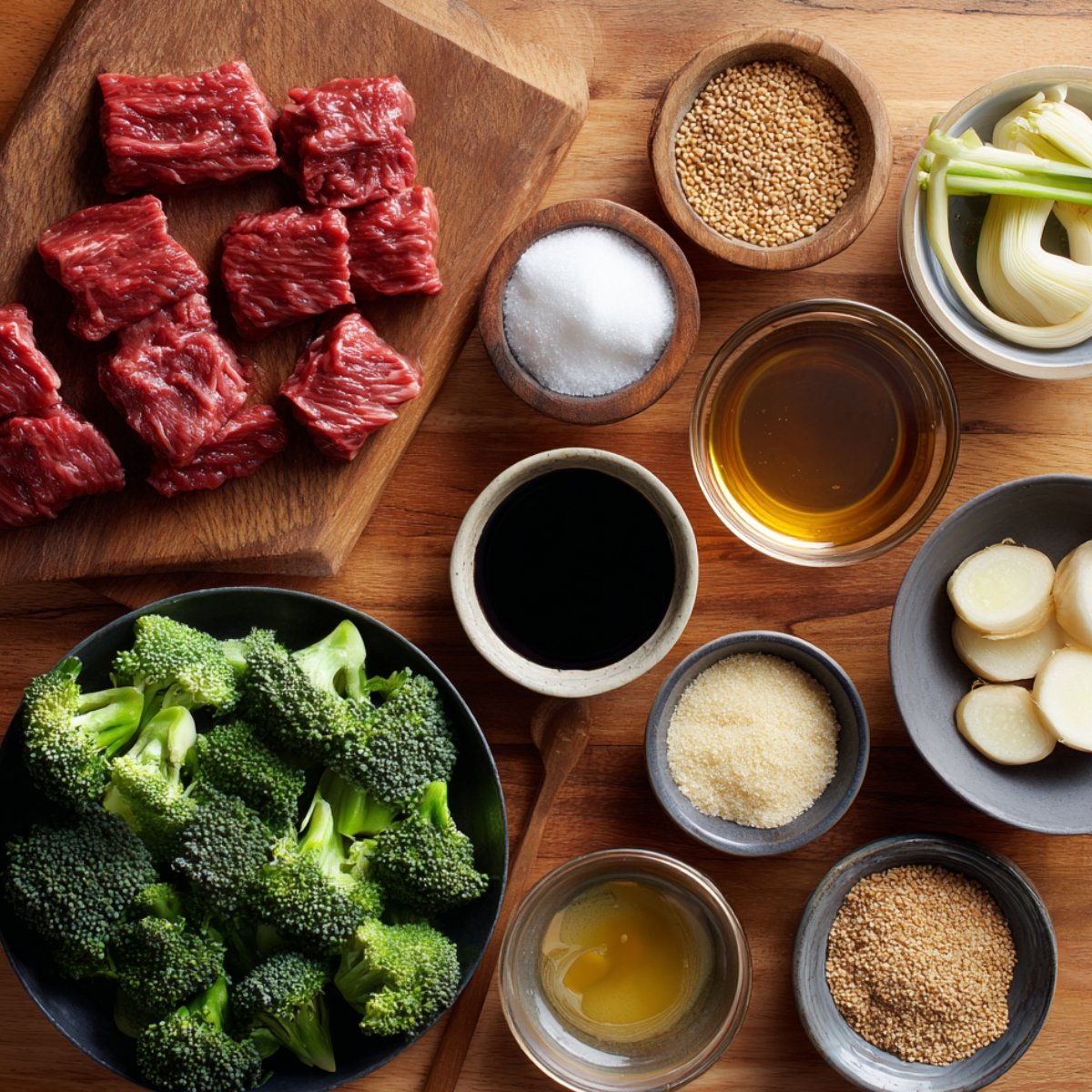 Top-down view of raw beef, fresh broccoli, ginger, green onions, soy sauce, sesame seeds, sugar, and oil arranged on a wooden surface, bright natural light.