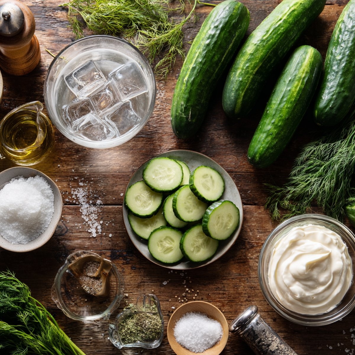 Fresh cucumbers, dill, sour cream, and seasonings for homemade cucumber salad.