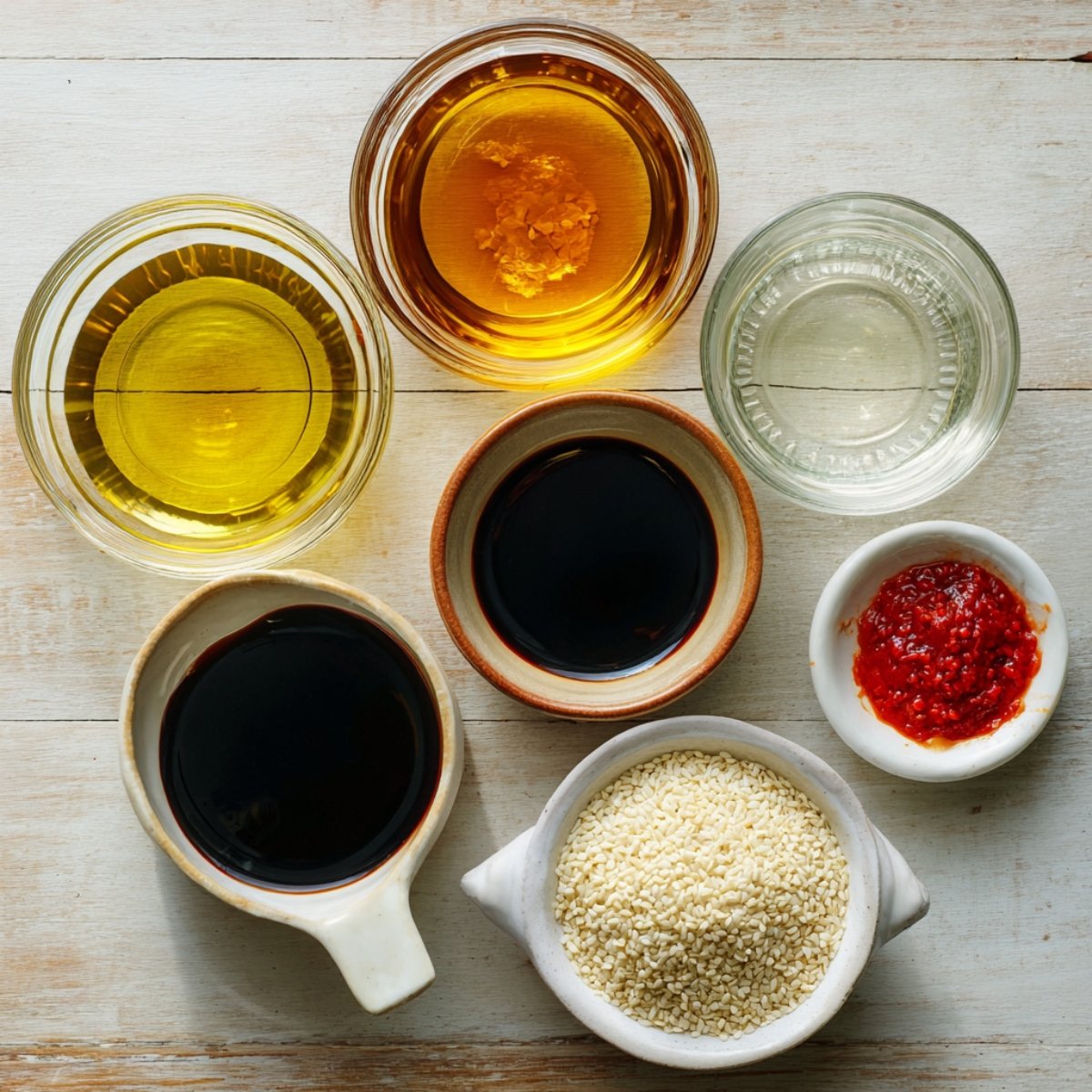 Overhead view of neatly arranged fried dumpling cooking and dipping sauce ingredients on a light wooden surface — small glass bowls of golden vegetable oil, amber sesame oil, and clear water, two ceramic bowls of dark soy sauce, a small white dish of bright red chili oil, and a white ramekin filled with sesame seeds.