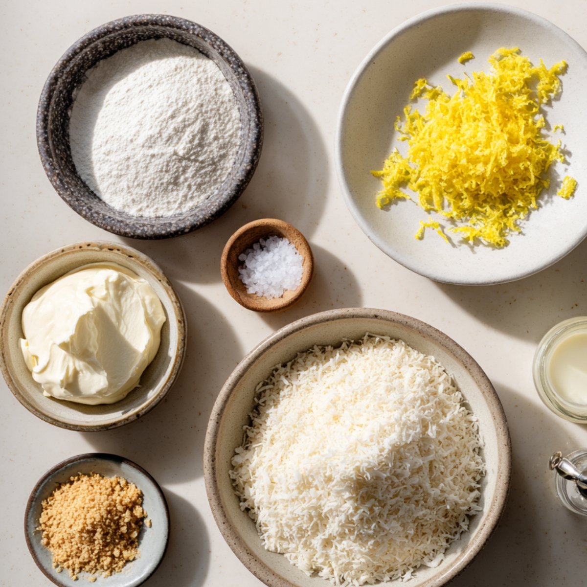 Ingredients for homemade lemon truffles on a light countertop: bowls of shredded coconut, powdered sugar, lemon zest, crushed graham crackers, cream cheese, sea salt, and lemon juice, arranged neatly in natural light.