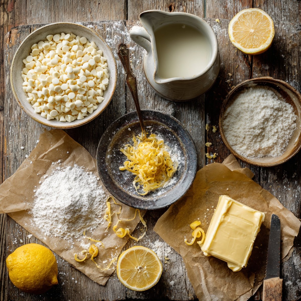 Rustic flat lay of lemon truffle ingredients: white chocolate chips, cream, lemon zest, butter, powdered sugar, and fresh lemons on a wooden table.