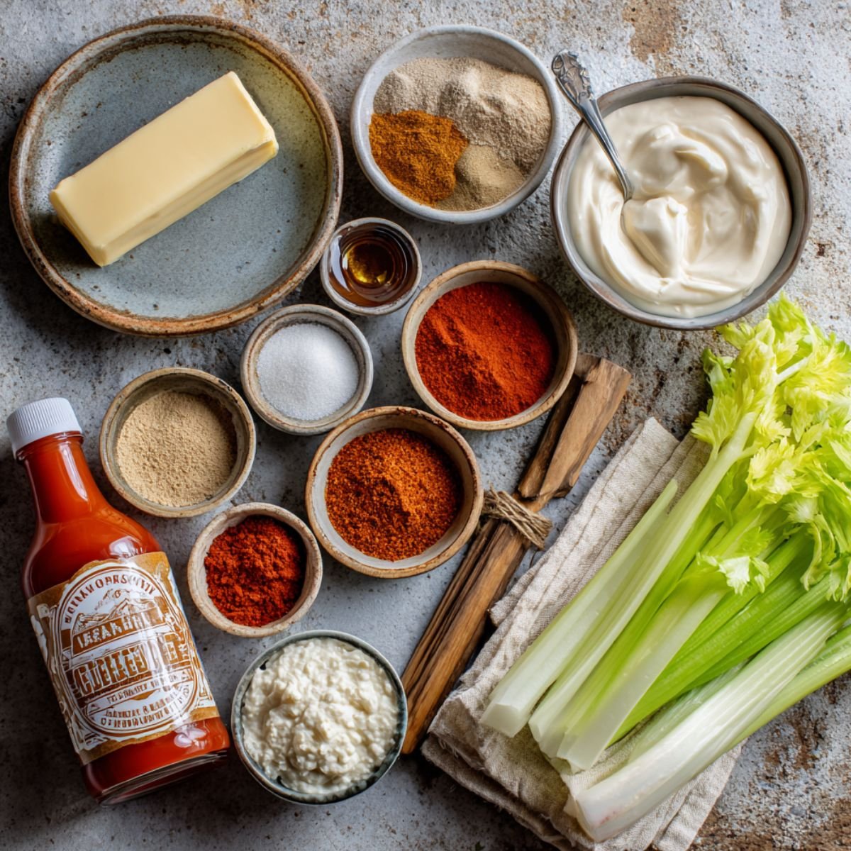 Top-down view of Nashville hot sauce and serving ingredients for mozzarella sticks, including butter, spices, hot sauce, mayonnaise, cottage cheese, and fresh celery on a rustic surface.