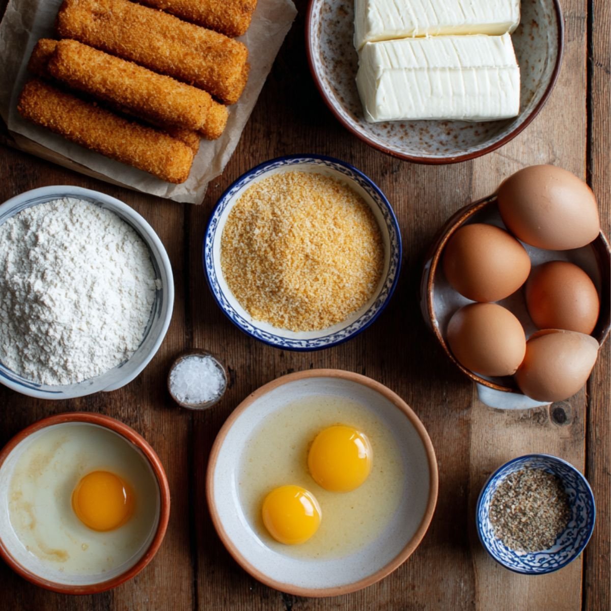 Top-down view of ingredients for homemade Nashville hot mozzarella sticks on a rustic wooden table, including mozzarella sticks, sliced mozzarella, flour, breadcrumbs, whole and cracked eggs, salt, and pepper.
