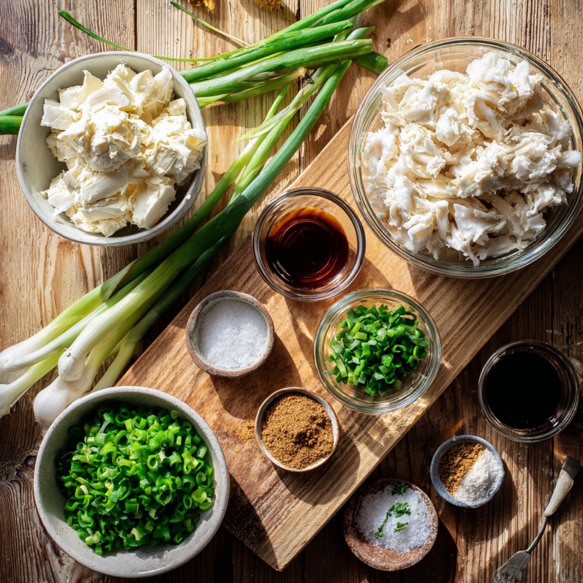 Overhead view of fresh ingredients for homemade Rangoon Crab Bombs, including cream cheese, crab meat, green onions, spices, and Worcestershire sauce on a rustic wooden table.