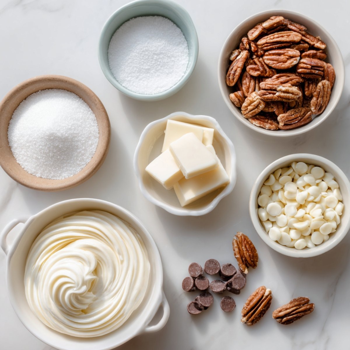 Flat lay of optional red velvet brownie ingredients on a white marble surface, including whole pecans, white chocolate chips, sugar, powdered sugar, white chocolate chunks, and a bowl of creamy frosting with chocolate chips scattered nearby.