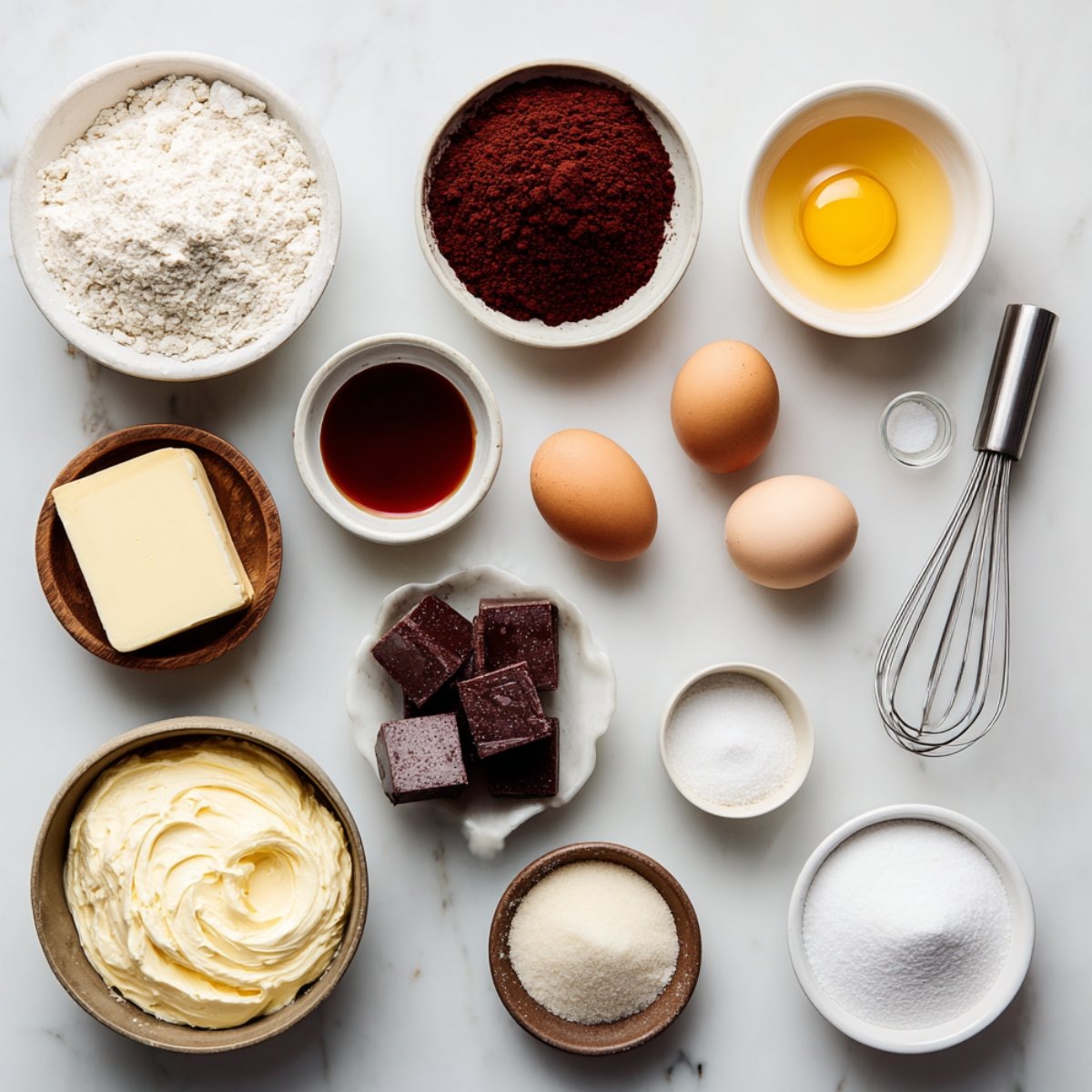 Flat lay of baking ingredients for homemade red velvet brownies on a white marble surface, including flour, cocoa powder, eggs, butter, vanilla, sugar, and cream cheese, with a metal whisk placed to the side.