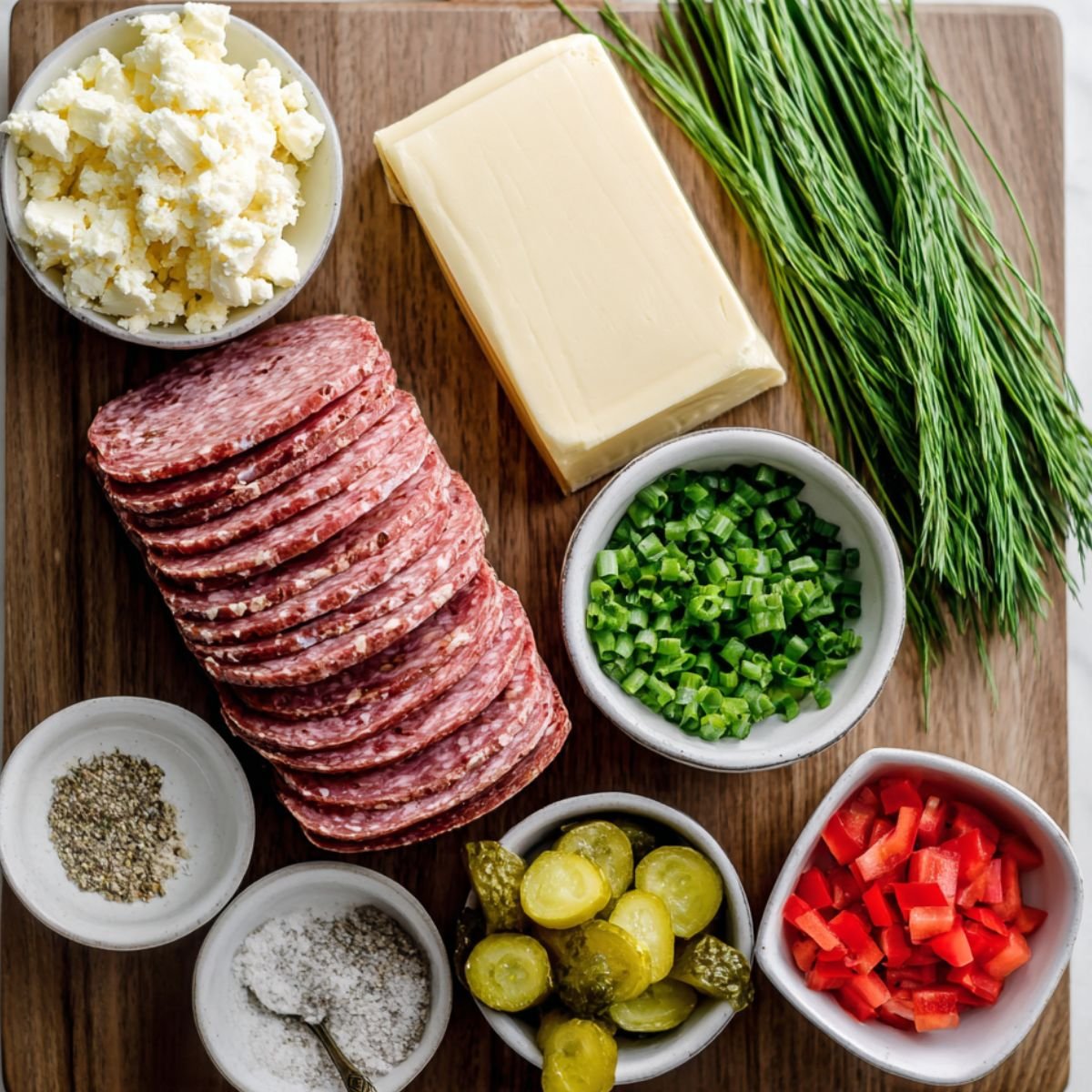 Ingredients for salami cream cheese roll ups on a wooden board with salami, cream cheese, herbs, pickles, and peppers.