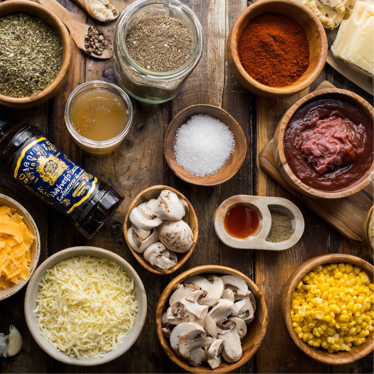 Top-down view of stuffed pepper casserole ingredients: cheeses, mushrooms, corn, spices, Worcestershire sauce, beef broth, tomato sauce with ground beef, and seasonings on a rustic wooden table.