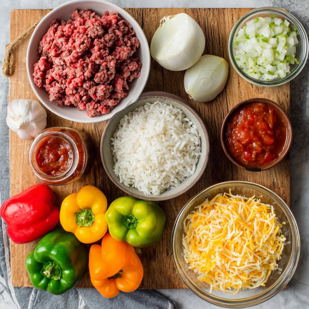 Fresh ingredients for stuffed pepper casserole: ground beef, rice, shredded cheese, bell peppers, onion, garlic, and tomato sauce on a wooden board.