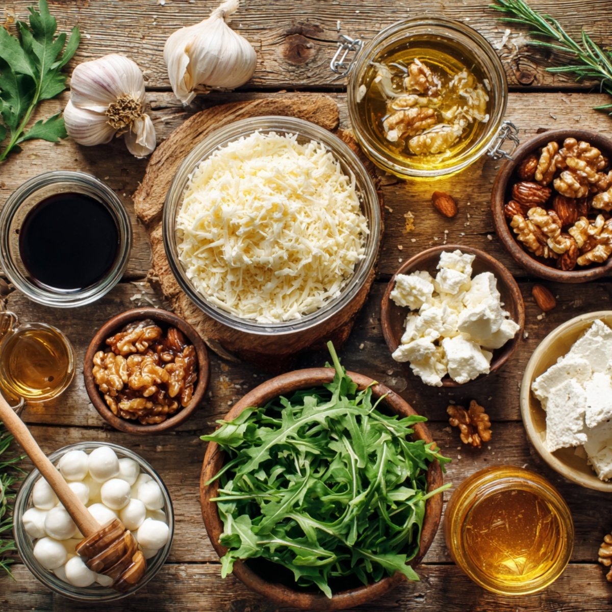 Tomato tart ingredients on a rustic table: Parmesan, garlic, goat cheese, mozzarella, arugula, balsamic, olive oil, honey, and nuts.