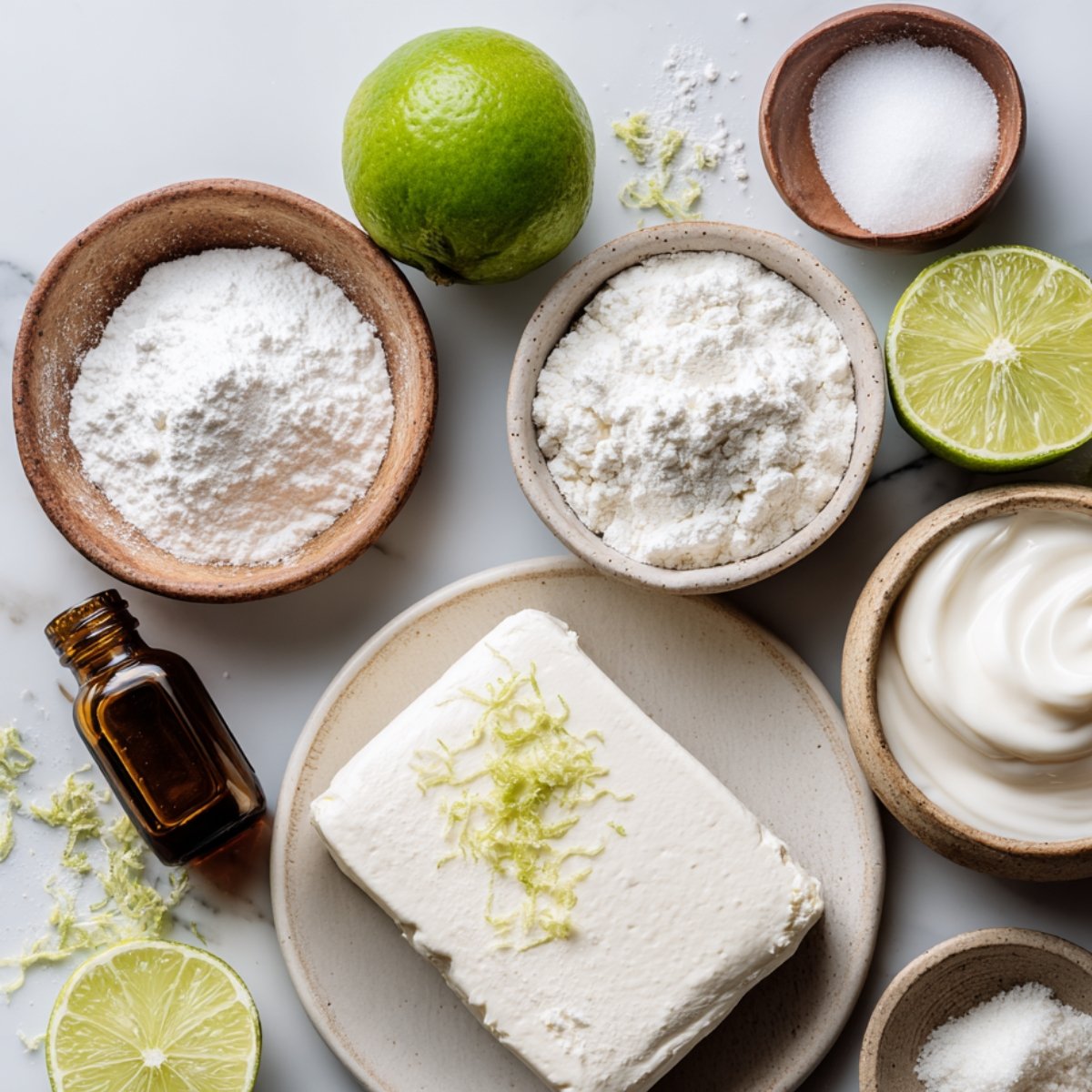 Overhead photo of cream cheese with lime zest on a plate, surrounded by bowls of powdered sugar, salt, cream, a whole and halved lime, and a small bottle of vanilla extract on a marble counter.