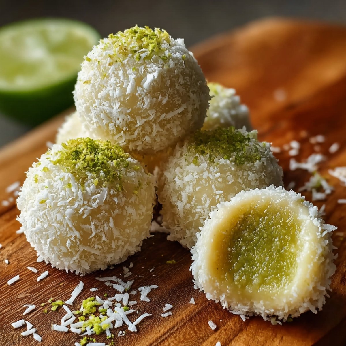 Close-up of key lime truffles on marble: coconut-coated balls sprinkled with lime zest, one cut open to reveal green filling, scattered zest and coconut, lime half in background. Natural light, homemade style.