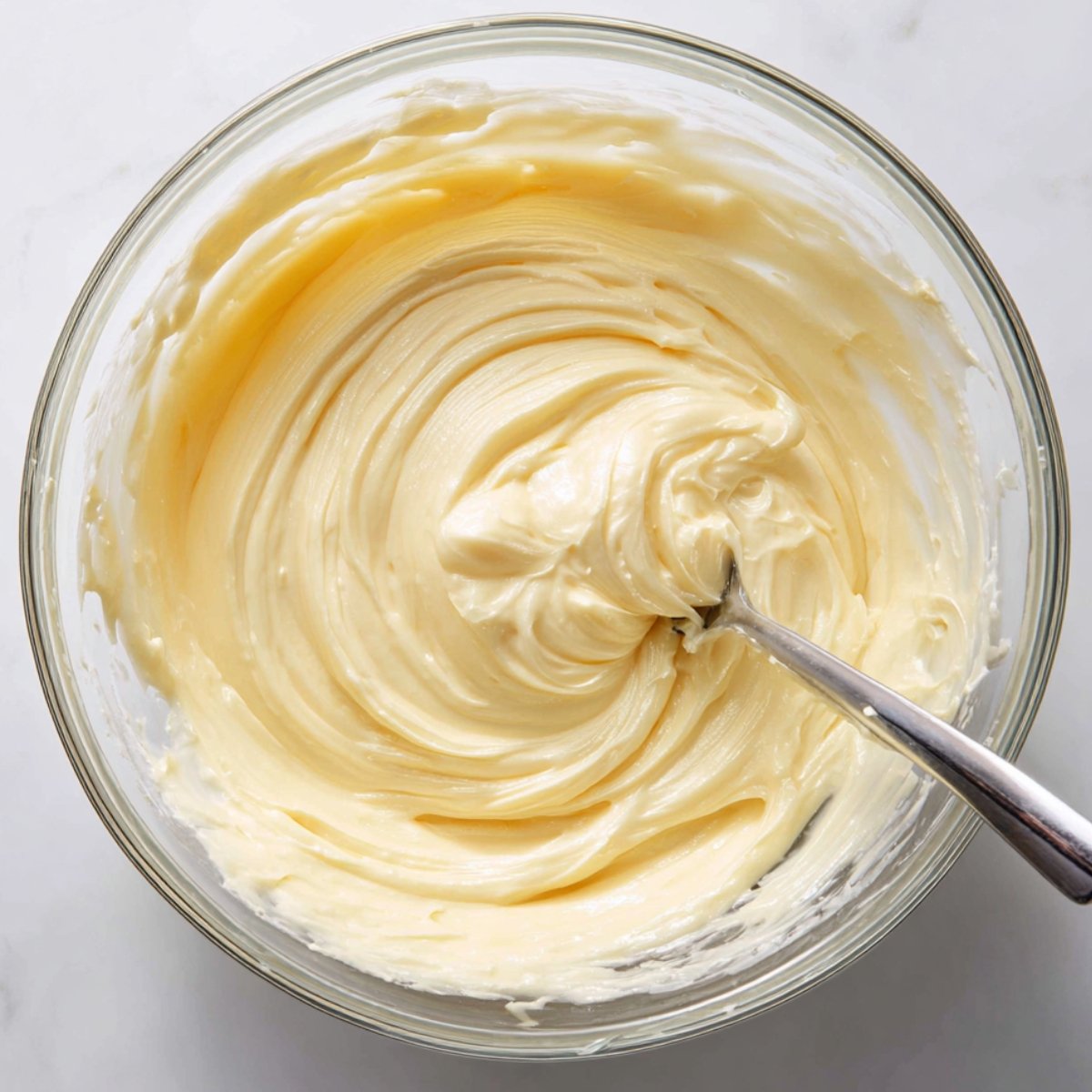 Creamy lemon truffle mixture swirled in a glass bowl with a spoon, on a white surface.