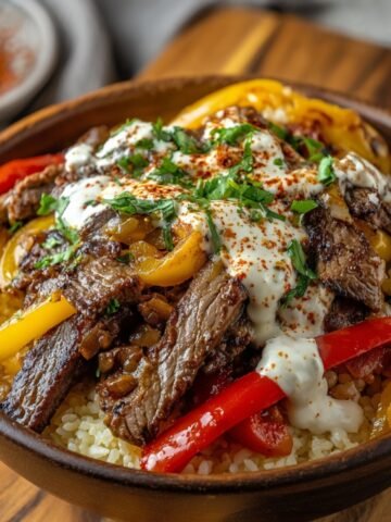 Homemade Philly cheesesteak bowl with cauliflower rice, seared steak, sautéed peppers and onions, creamy white sauce, parsley, and paprika in a wooden bowl.