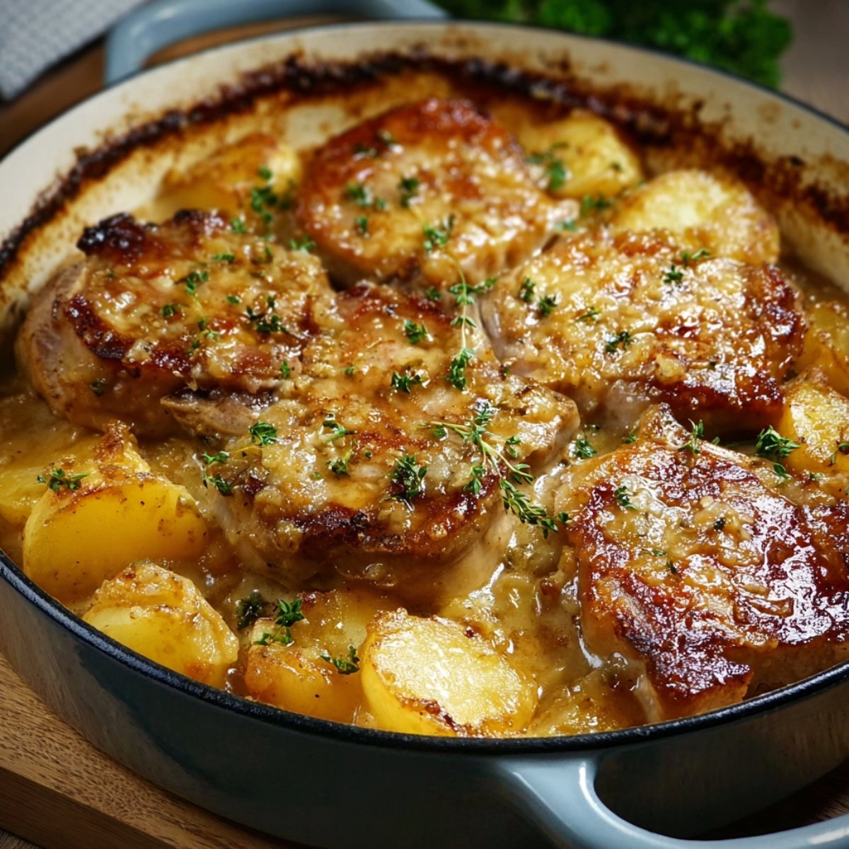 Golden brown pork chops baked with tender potatoes in a creamy sauce, topped with fresh herbs in a rustic casserole dish.