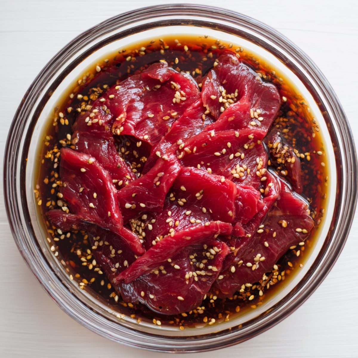 Top-down view of thinly sliced raw beef marinating in a soy-based sauce with sesame seeds in a glass bowl on a white wooden surface, bright natural light.