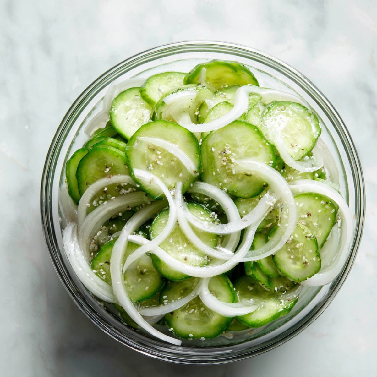 Fresh cucumber and onion slices with salt in a glass bowl.