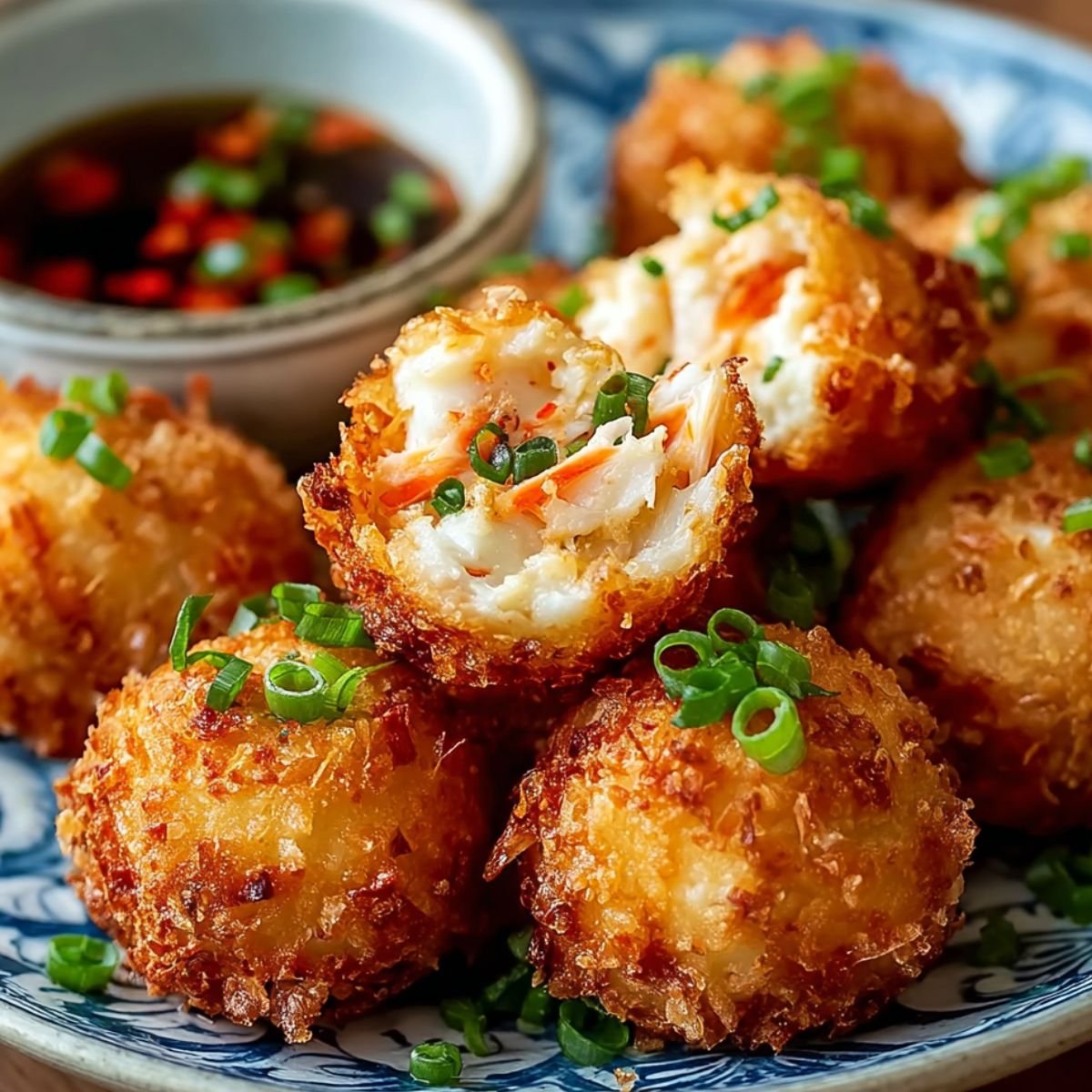 Golden brown homemade Rangoon Crab Bombs with green onions, one cut open showing crab and veggie filling, served with creamy chili dipping sauce.