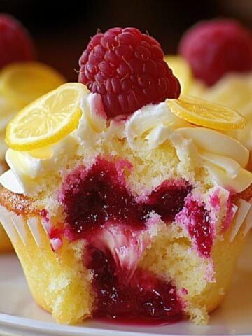 Raspberry Lemon Cupcakes with cream cheese frosting, raspberry filling, fresh raspberry, and lemon slice on top; one cupcake is cut open to show the jam center.