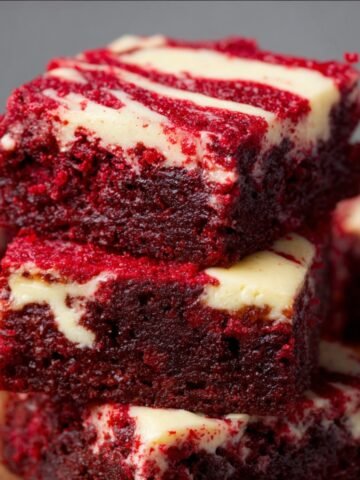 Stack of thick, homemade red velvet brownies with creamy marbled swirl, moist texture, and rustic edges on a light surface.