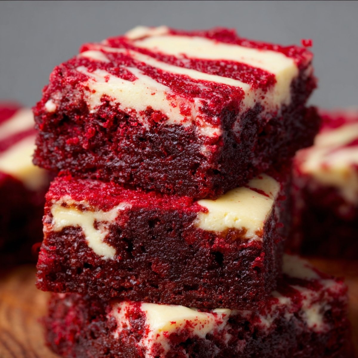 Stack of thick, homemade red velvet brownies with creamy marbled swirl, moist texture, and rustic edges on a light surface.