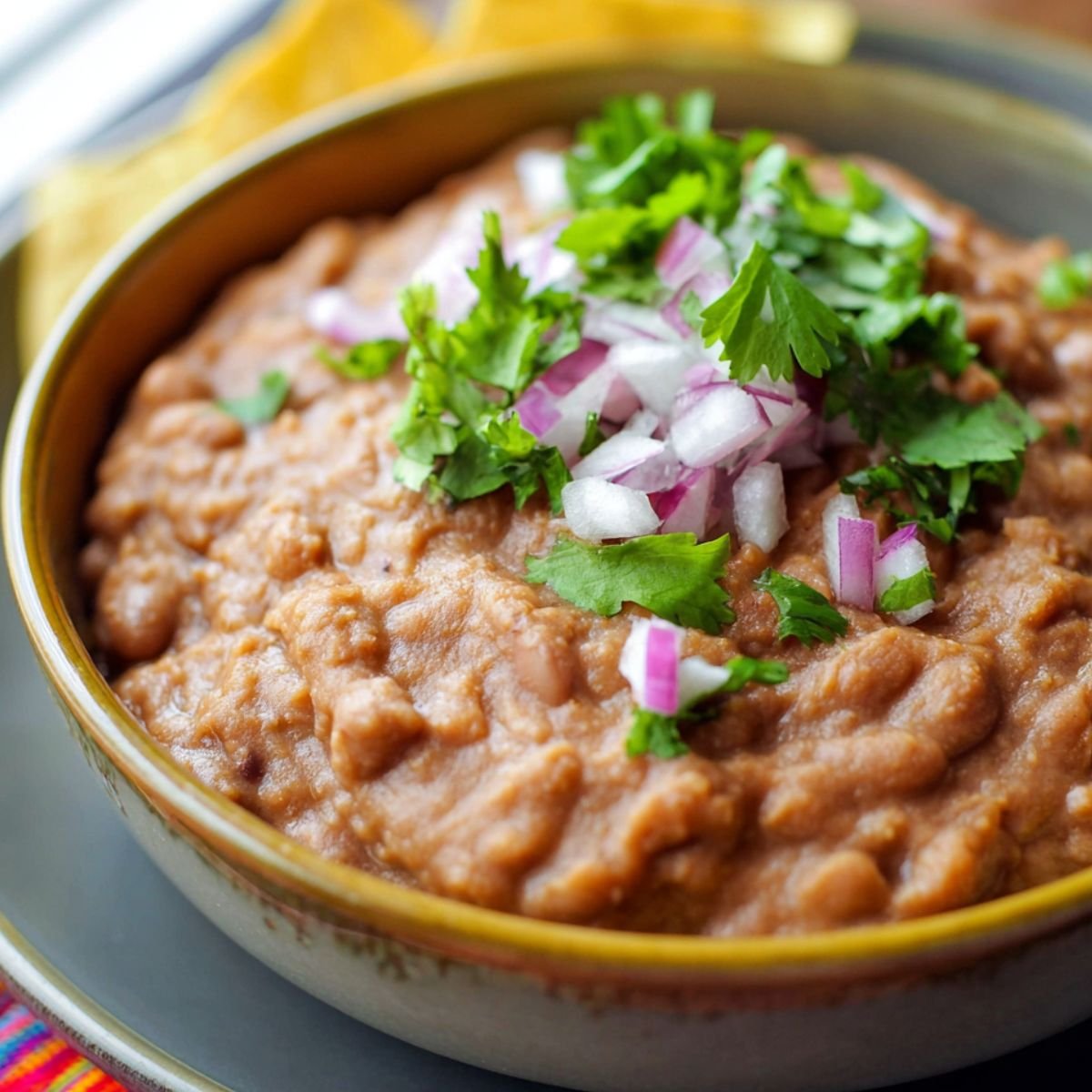 Bowl of homemade refried beans topped with fresh cilantro and diced red onion, served in a rustic ceramic dish on a gray plate with tortilla chips in the background.