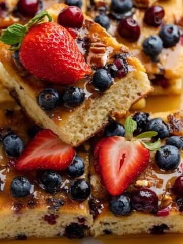 Stacked slices of fluffy homemade sheet pan pancakes topped with blueberries, halved strawberries, chopped pecans, and a drizzle of maple syrup on a serving tray.