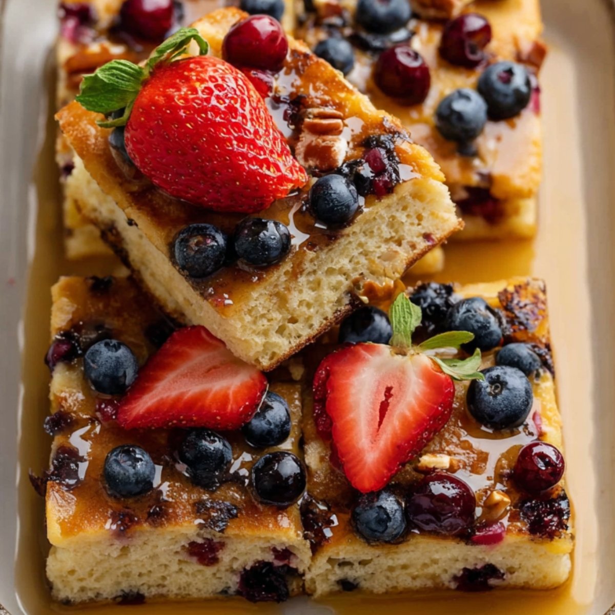 Stacked slices of fluffy homemade sheet pan pancakes topped with blueberries, halved strawberries, chopped pecans, and a drizzle of maple syrup on a serving tray.