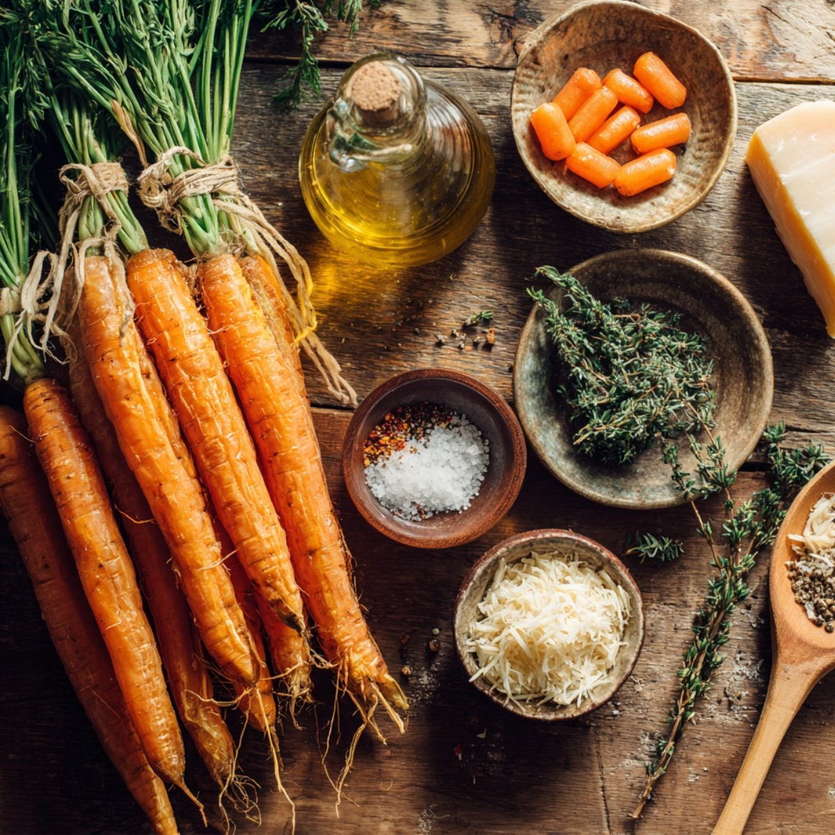 Overhead view of smashed carrot ingredients on a rustic wooden table — fresh carrots with greens, olive oil, baby carrots, fresh thyme, coarse salt with pepper flakes, grated Parmesan, and a wooden spoon with herbs, lit by warm natural daylight for a homemade feel.
