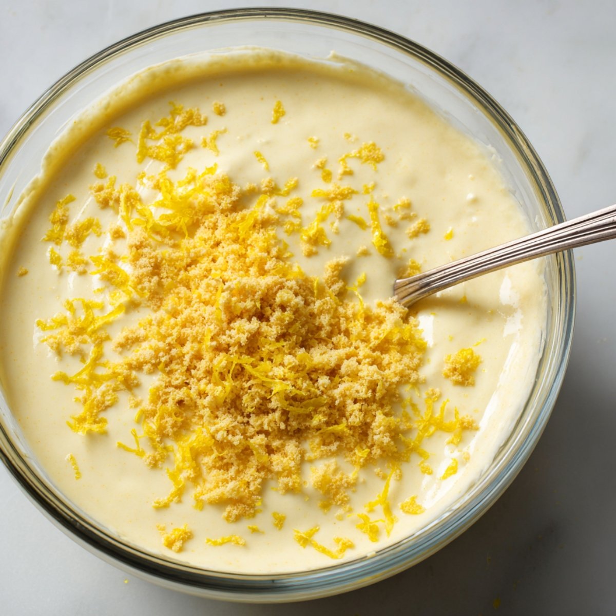 Bowl of lemon truffle mixture topped with fresh lemon zest and crushed graham crackers, ready to be mixed with a spoon.