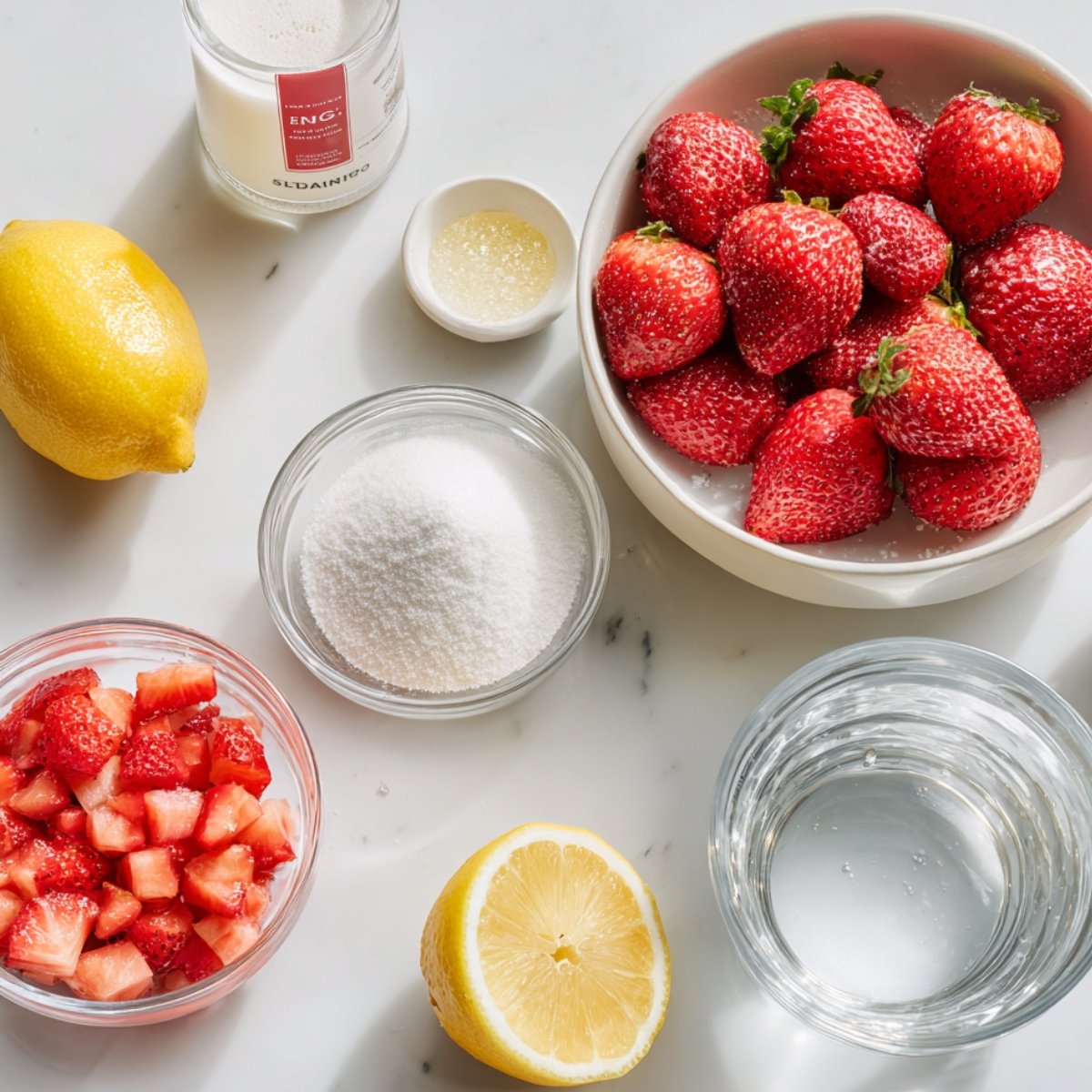 Overhead view of strawberry topping ingredients on marble: whole strawberries in a bowl, chopped strawberries in glass, sugar, lemon half, whole lemon, small dish of lemon juice, glass of water, and sugar jar.