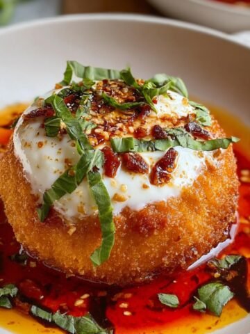 The Best Fried Burrata Recipe in a beige bowl with chili oil, sun-dried tomatoes, basil leaves, and microgreens on top.