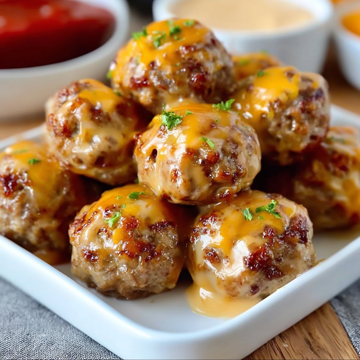 Best Rotel Cream Cheese Sausage Balls in a white dish, golden brown with melted cheddar and parsley garnish, on a wooden table.