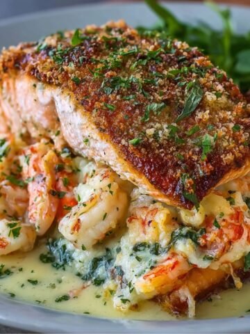 Crab and shrimp stuffed salmon topped with a crispy herb crust, filled with creamy spinach and seafood, served with garlic butter sauce, salad, and mashed potatoes.