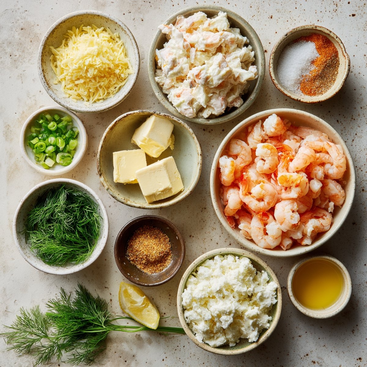 A top-down view of ingredients for crab and shrimp stuffed salmon, including cooked shrimp, creamy crab mix, butter, shredded cheese, green onions, fresh dill, spices, lemon, ricotta, melted butter, and breadcrumbs, all arranged in small bowls on a rustic countertop.