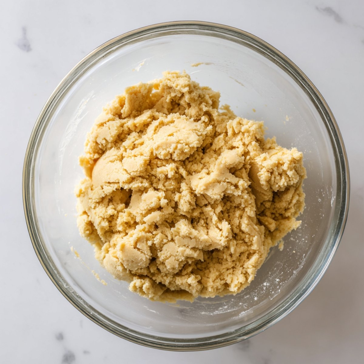 Cookie dough for Raspberry Thumbprint Cookies in a glass bowl, pale golden with a crumbly, homemade texture.
