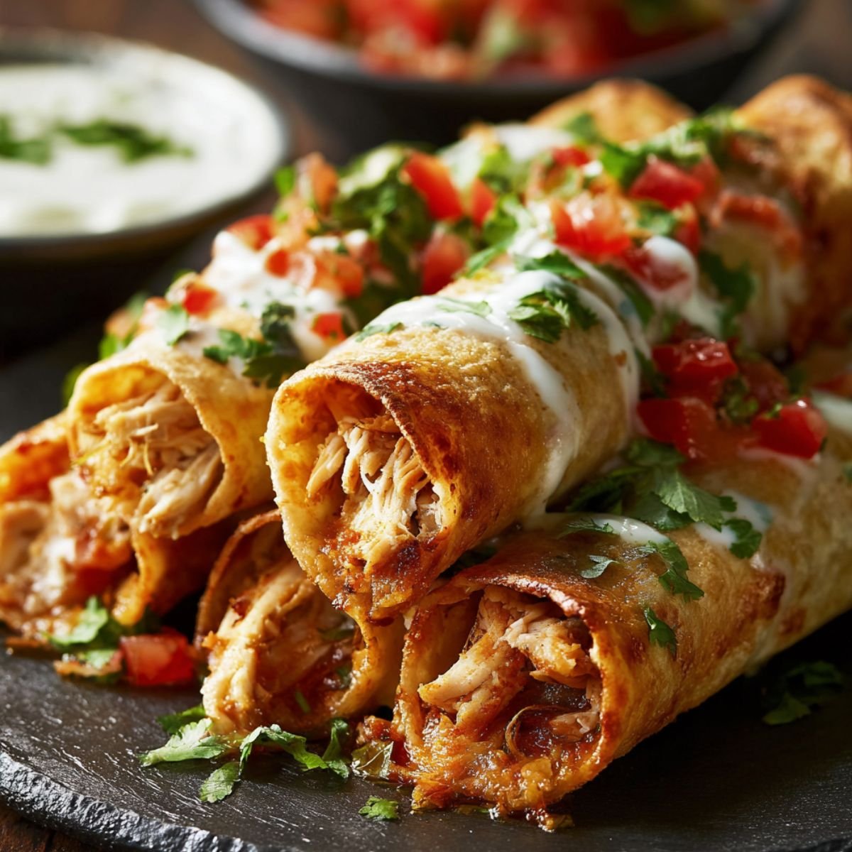 Homemade chicken flautas served on a dark stone plate, golden and crispy with shredded chicken spilling out, topped with sour cream, diced tomatoes, and fresh cilantro.