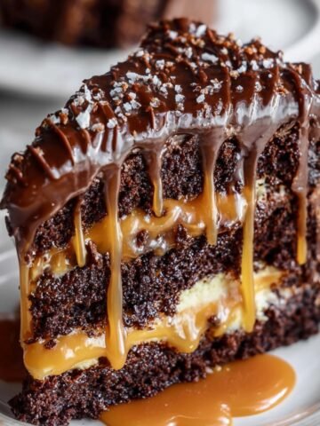 Easy Chocolate Caramel Cake Recipe layered with gooey caramel, topped with glossy ganache and sea salt on a white plate.