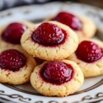 Homemade Raspberry Thumbprint Cookies with golden shortbread and glossy red jam centers, stacked on a plate.