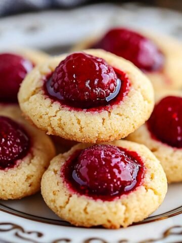 Homemade Raspberry Thumbprint Cookies with golden shortbread and glossy red jam centers, stacked on a plate.