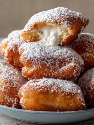 French beignets stacked on a plate, dusted with powdered sugar, with one bitten to reveal fluffy cream inside.