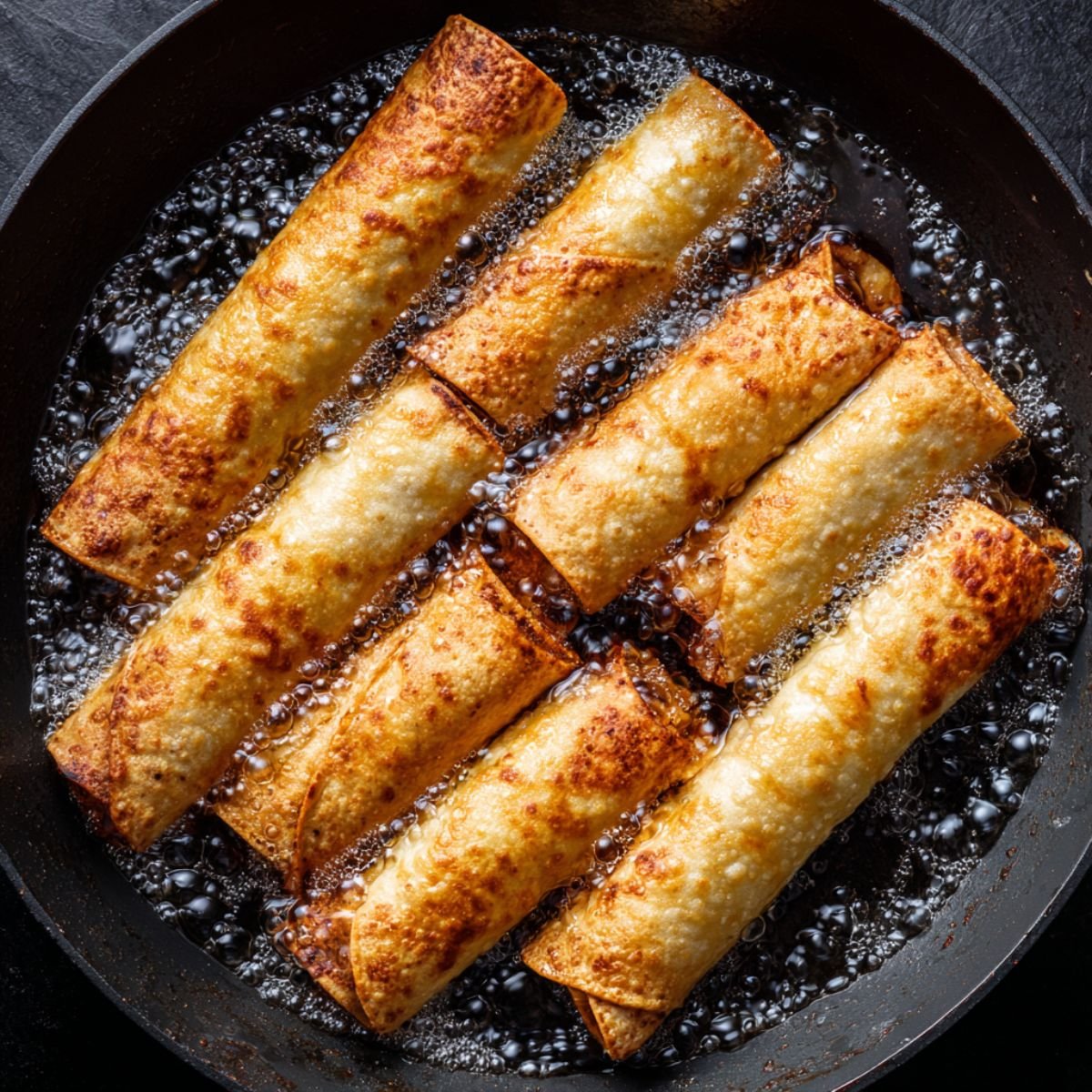 Golden homemade chicken flautas frying in hot oil, bubbling in a cast-iron skillet.