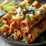 Stack of golden homemade chicken flautas on a dark plate, filled with shredded chicken and peppers, topped with sour cream, diced tomatoes, and fresh cilantro, with lime wedges in the background.
