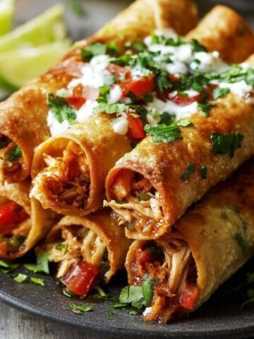 Stack of golden homemade chicken flautas on a dark plate, filled with shredded chicken and peppers, topped with sour cream, diced tomatoes, and fresh cilantro, with lime wedges in the background.
