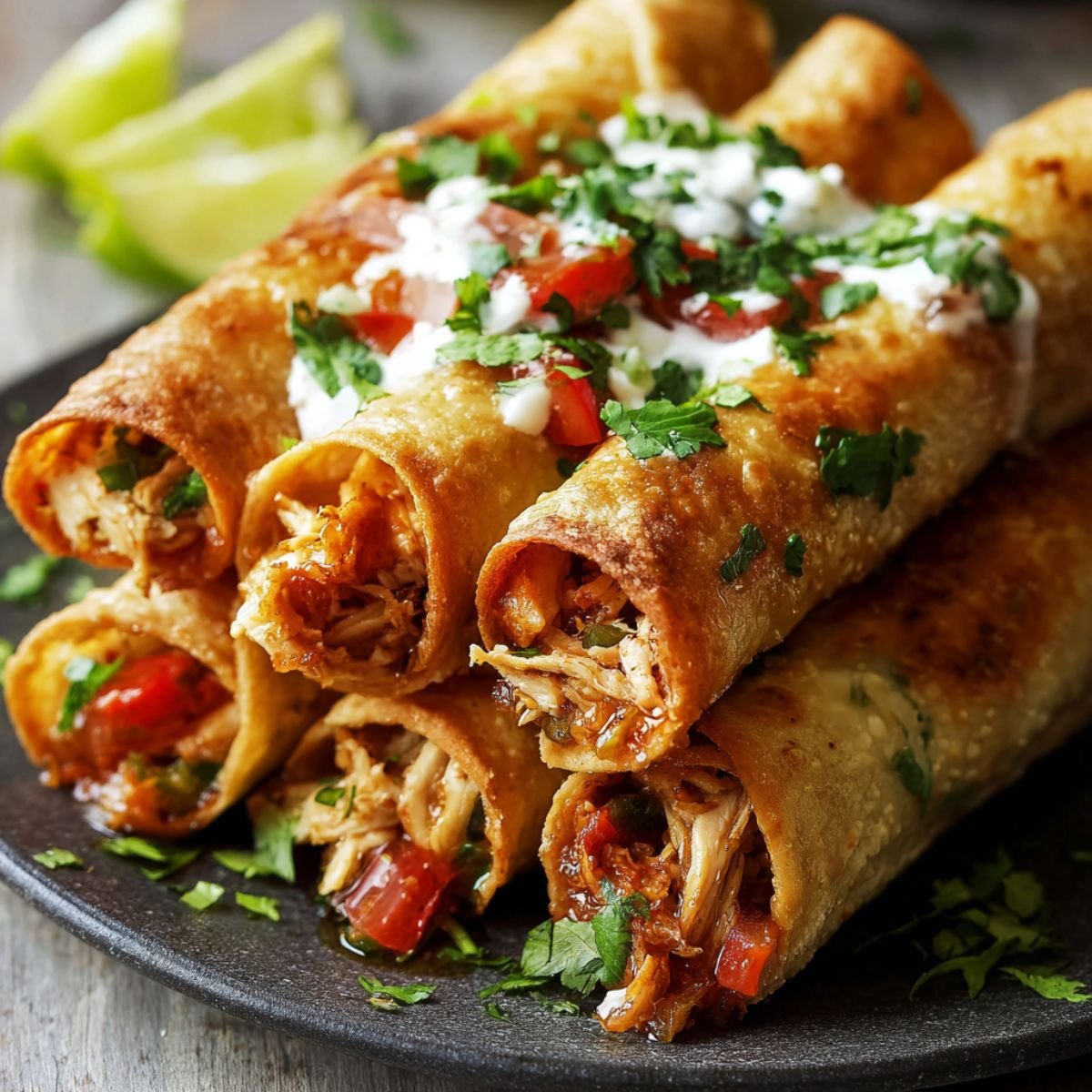 Stack of golden homemade chicken flautas on a dark plate, filled with shredded chicken and peppers, topped with sour cream, diced tomatoes, and fresh cilantro, with lime wedges in the background.